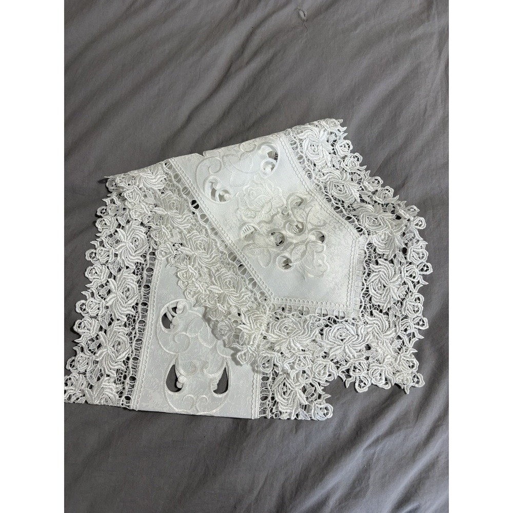 Polyester White Lace Rose Floral Table Runner Tablecloth 70"x 14"